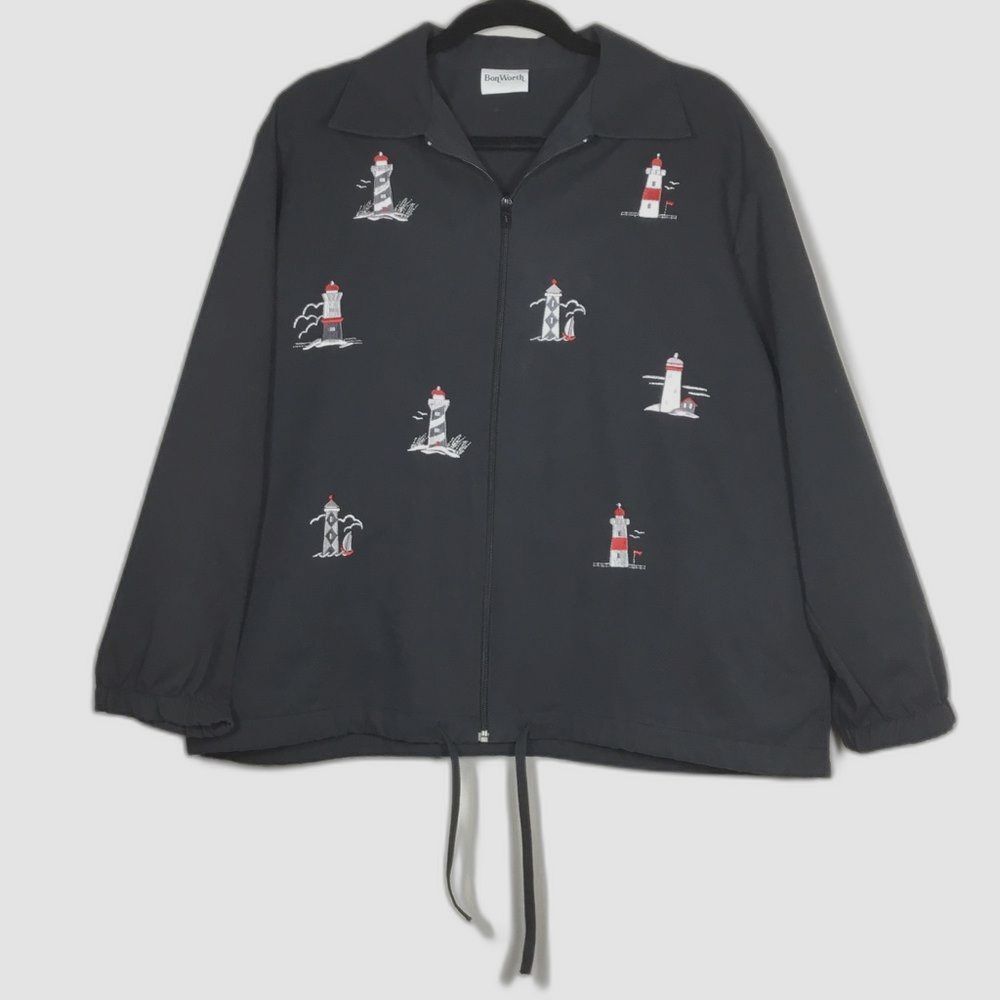 Black jacket with embroidered lighthouses drawstring waist zipper front size L
